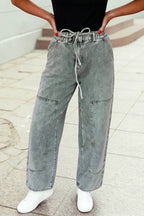 Acid Wash Barrel Fit Denim Pants with Waist String