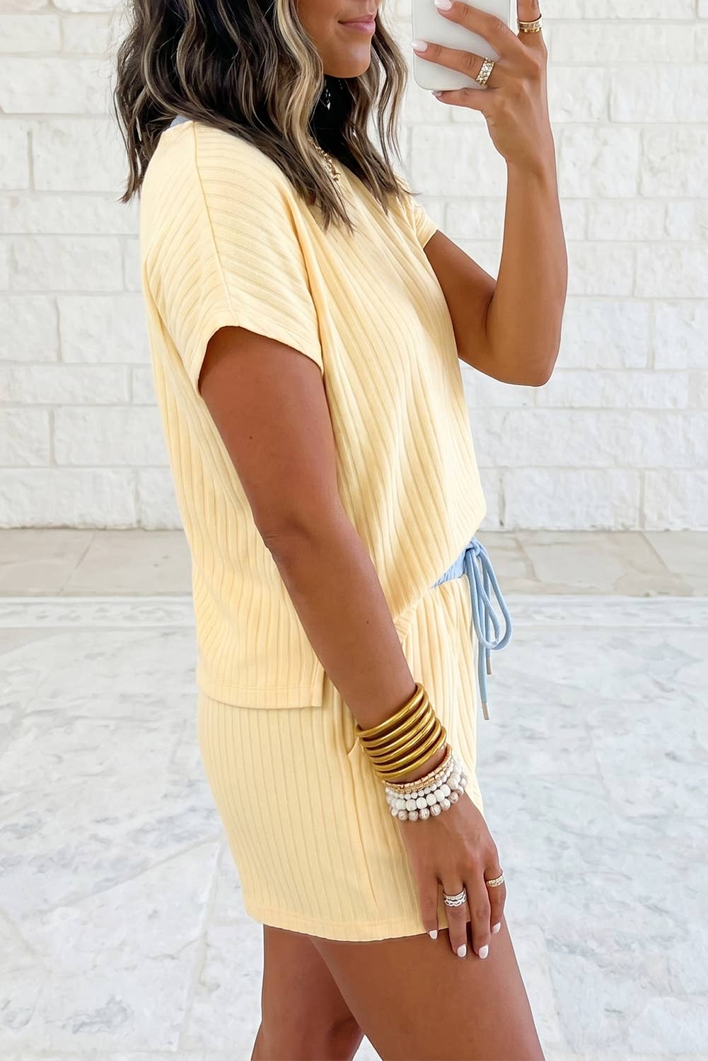 Textured Short Sleeve Rib Top Shorts 2 PCS Set XS–4X