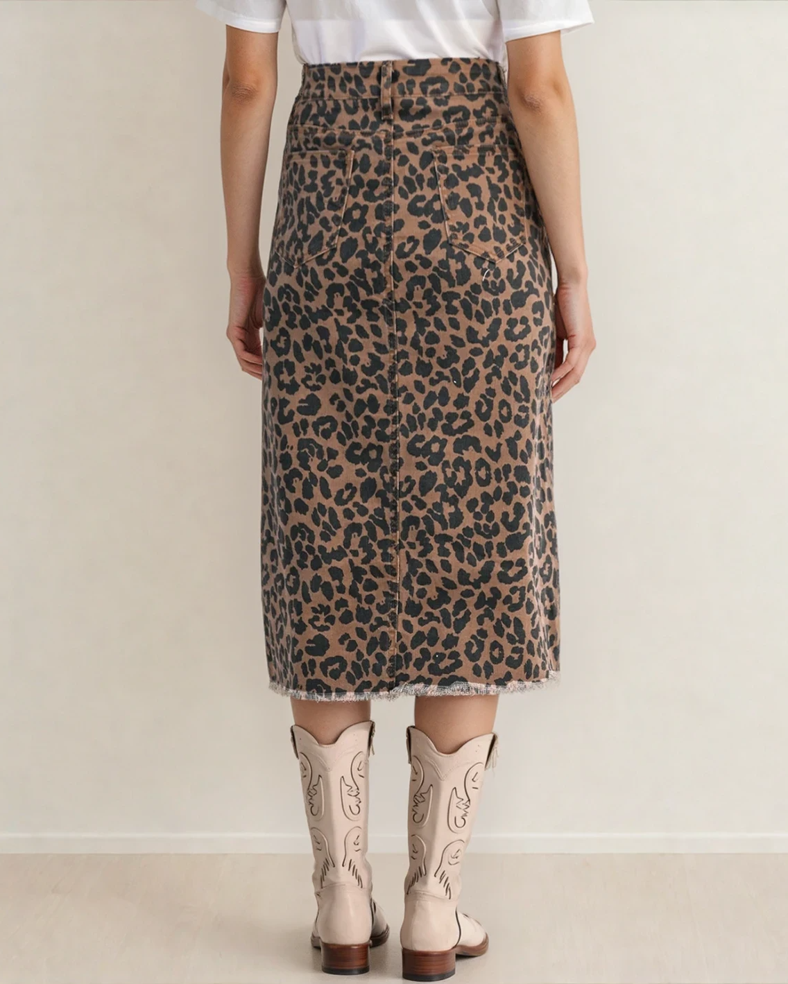 Leopard Frayed Split Denim Midi Skirt
