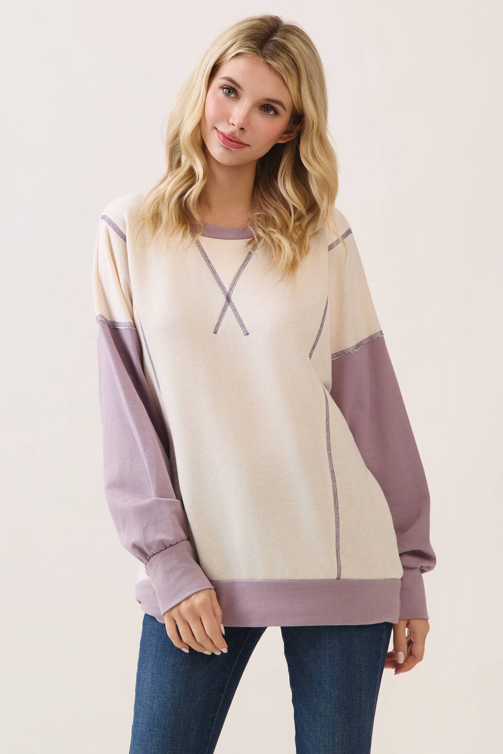 Color Block Contrast stitch pullover top T6161