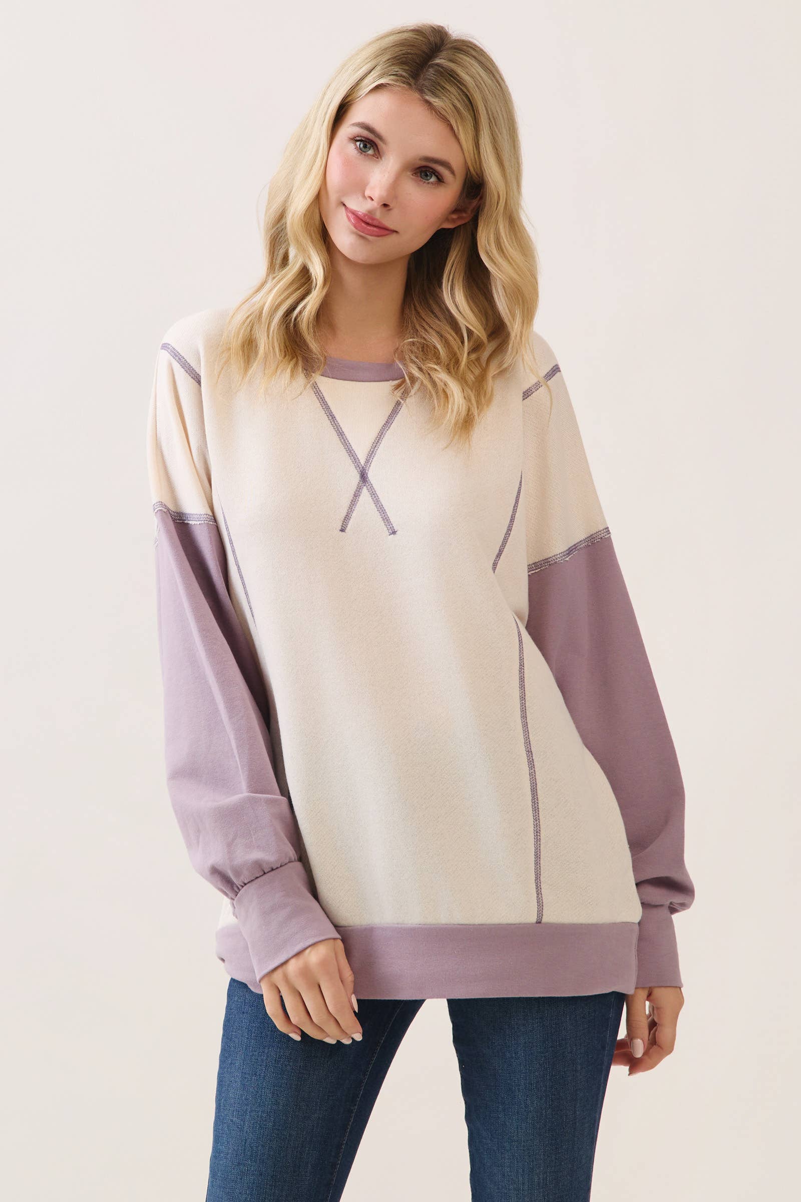 Color Block Contrast stitch pullover top T6161