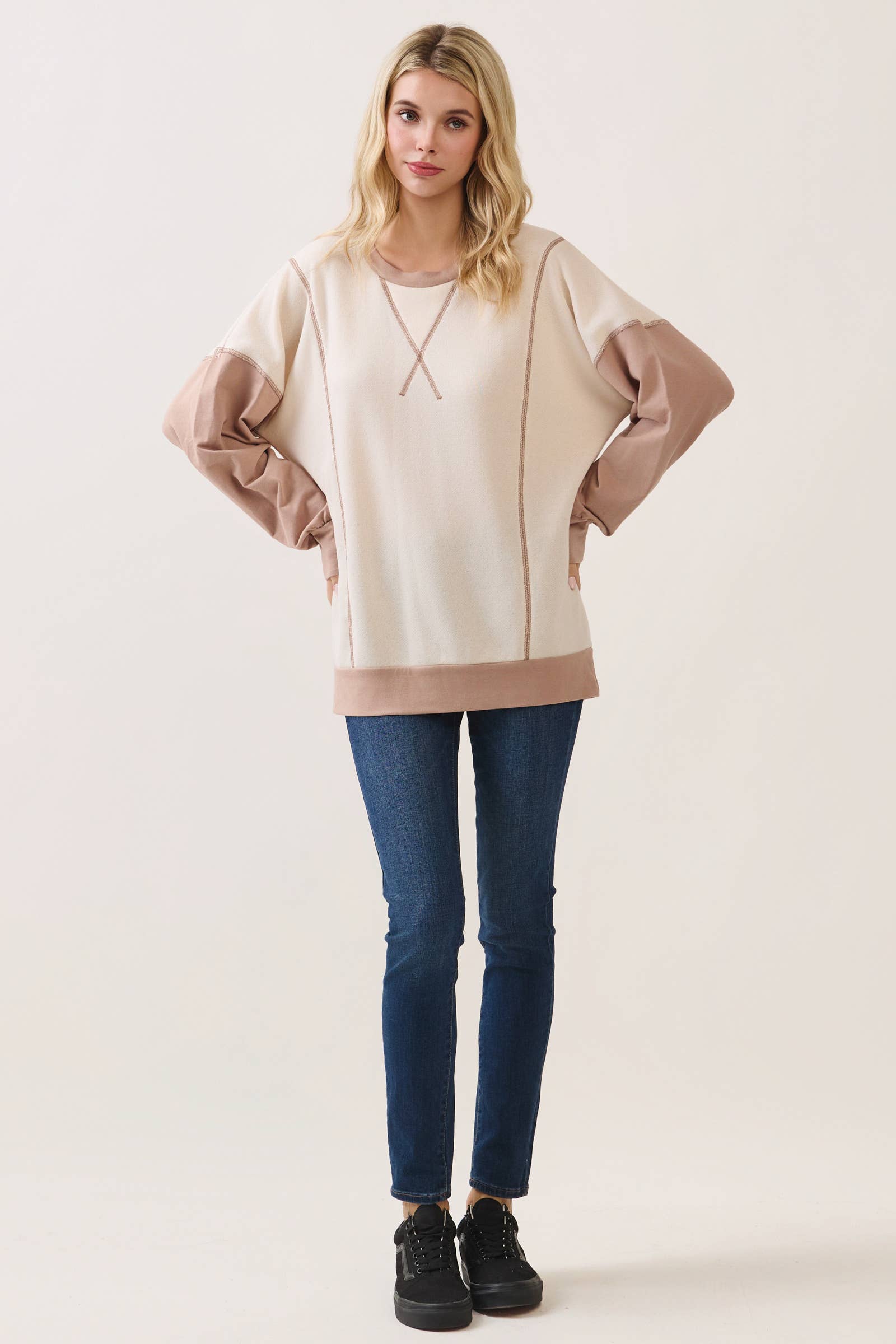 Color Block Contrast stitch pullover top T6161