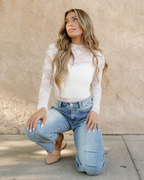 White Mock Neck Floral Lace Mesh Long Sleeve Top - White