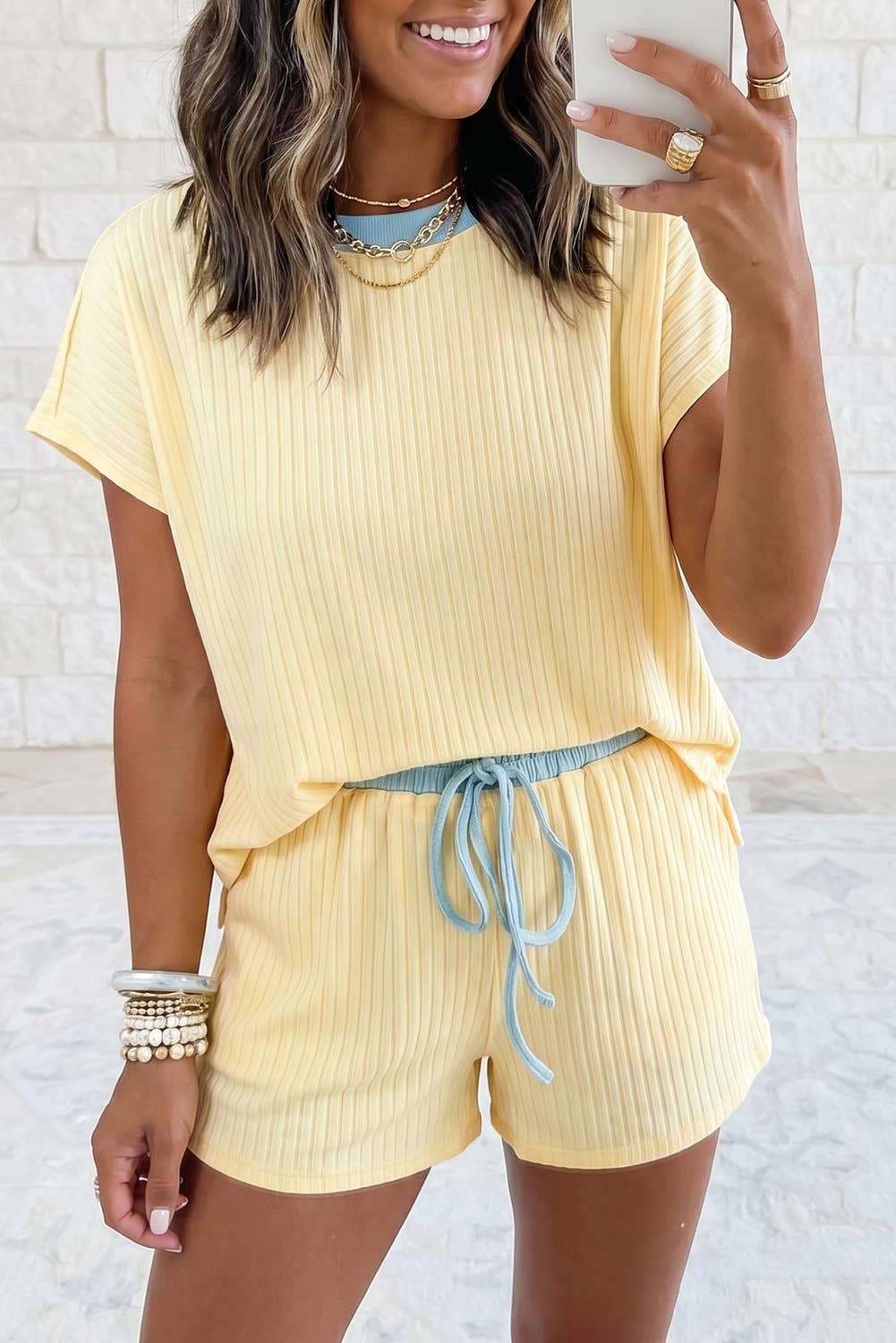 Textured Short Sleeve Rib Top Shorts 2 PCS Set XS–4X