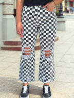 Checkerboard Western Distressed Holes Raw Edge Cropped Jeans