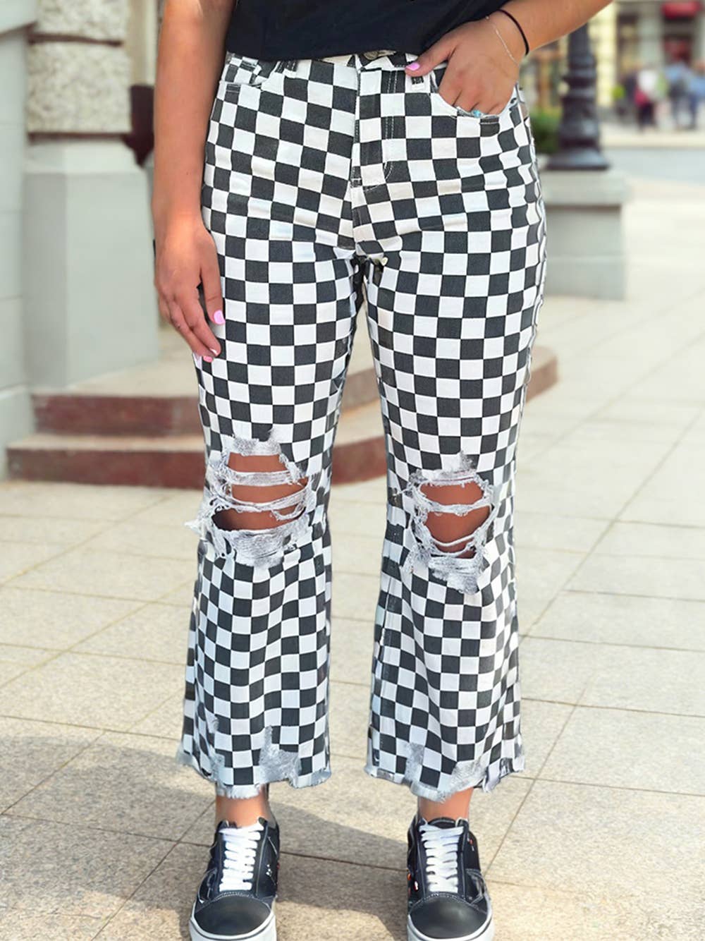 Checkerboard Western Distressed Holes Raw Edge Cropped Jeans