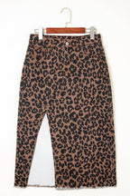 Leopard Frayed Split Denim Midi Skirt