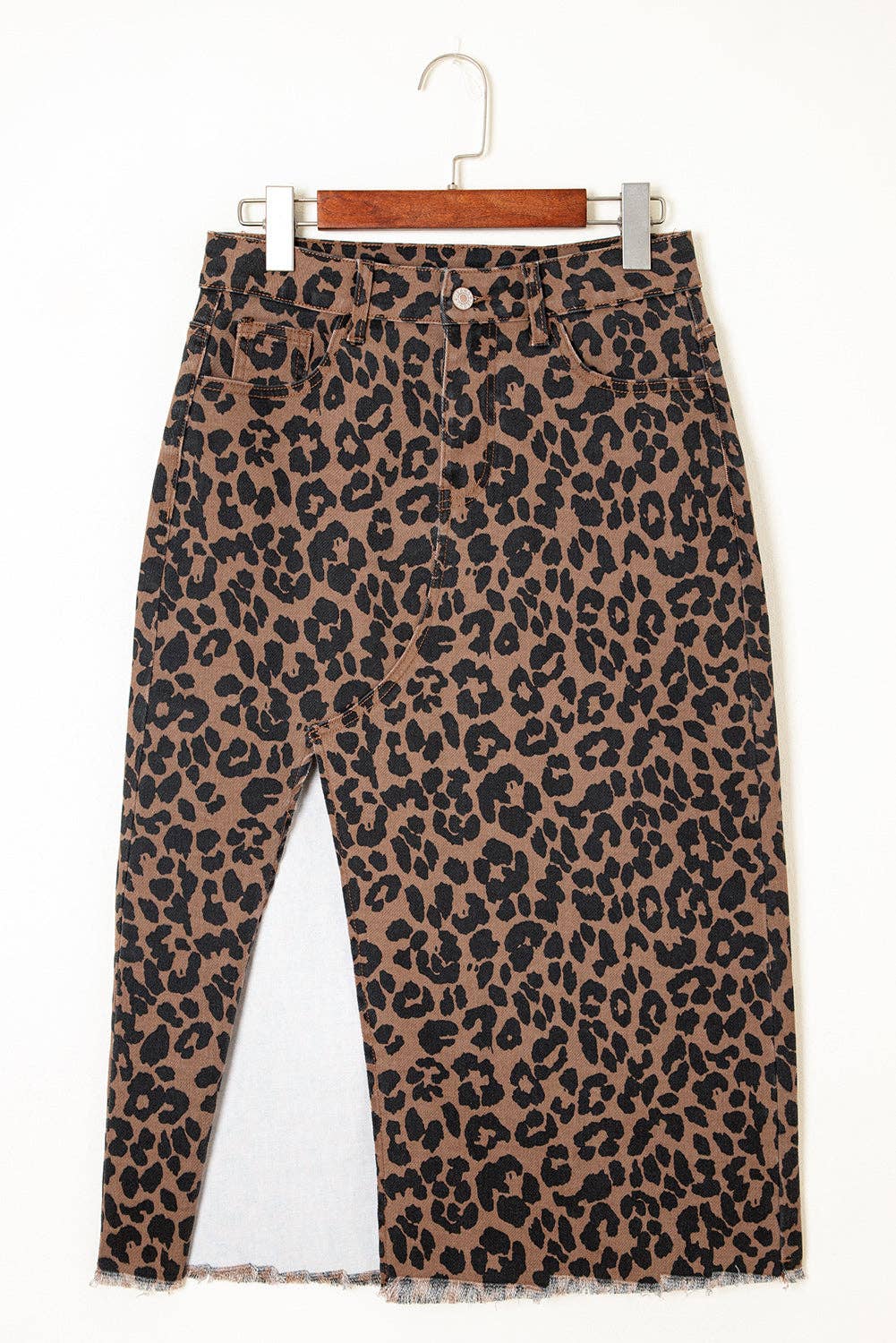 Leopard Frayed Split Denim Midi Skirt