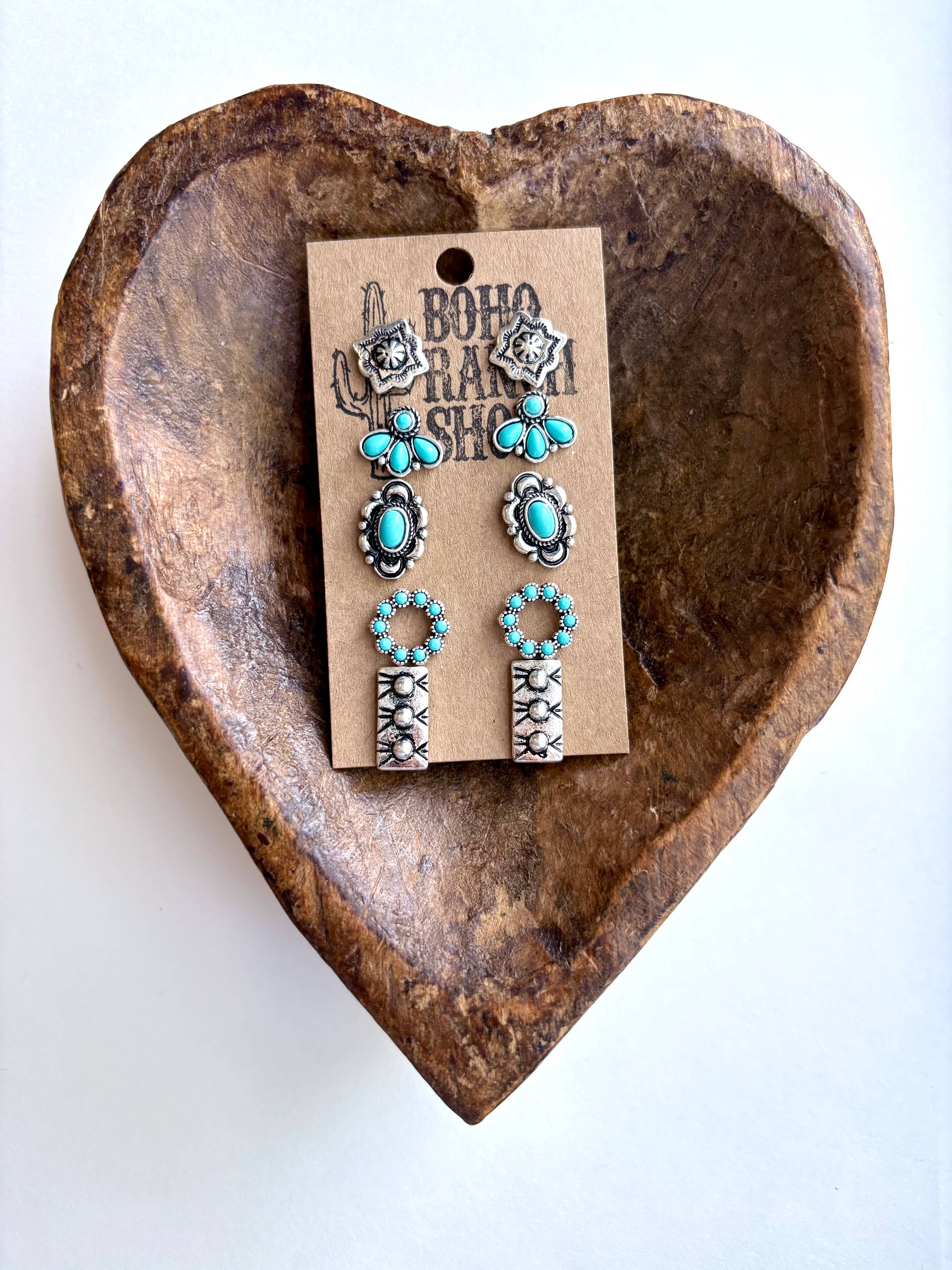 5 Pair Western Theme Stone Stud Earring Set