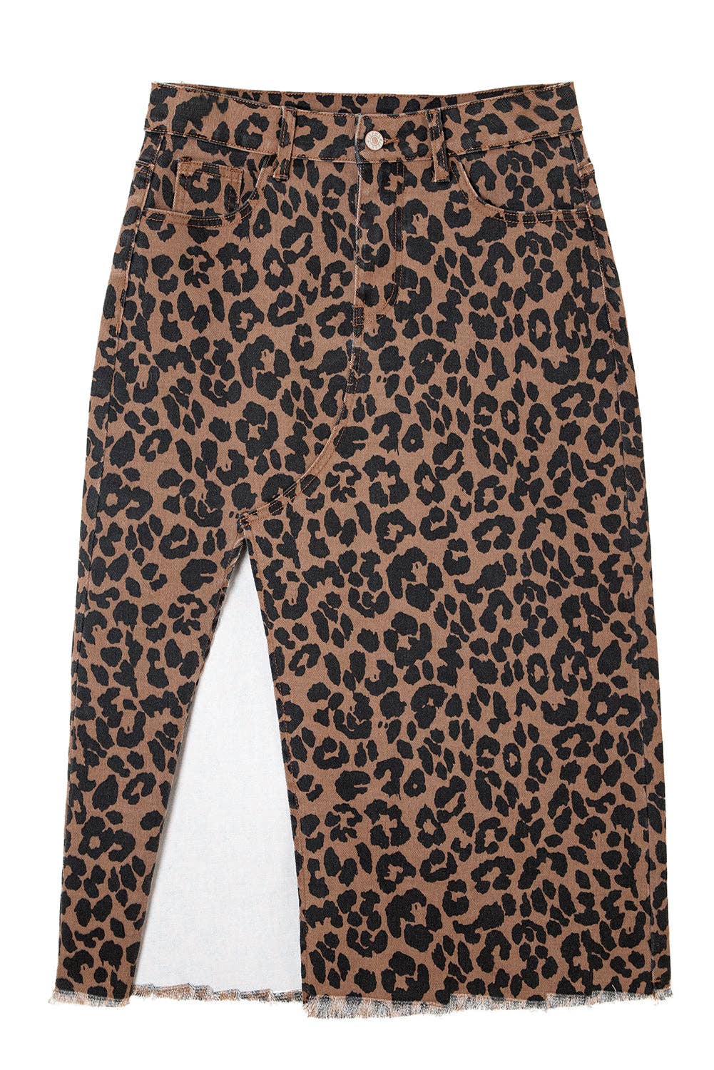 Leopard Frayed Split Denim Midi Skirt
