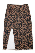 Leopard Frayed Split Denim Midi Skirt