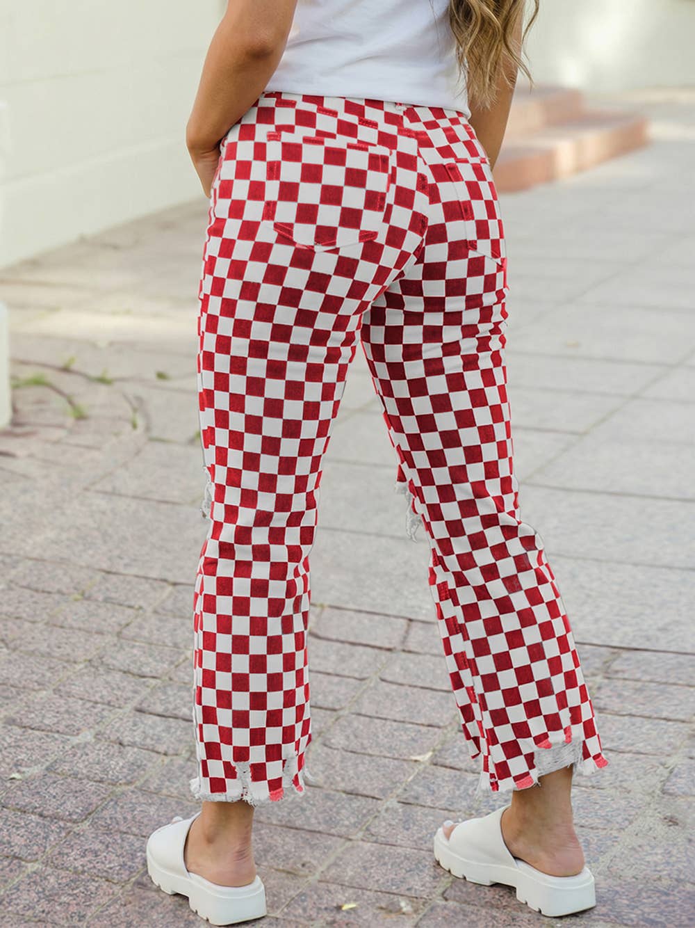 Checkerboard Western Distressed Holes Raw Edge Cropped Jeans