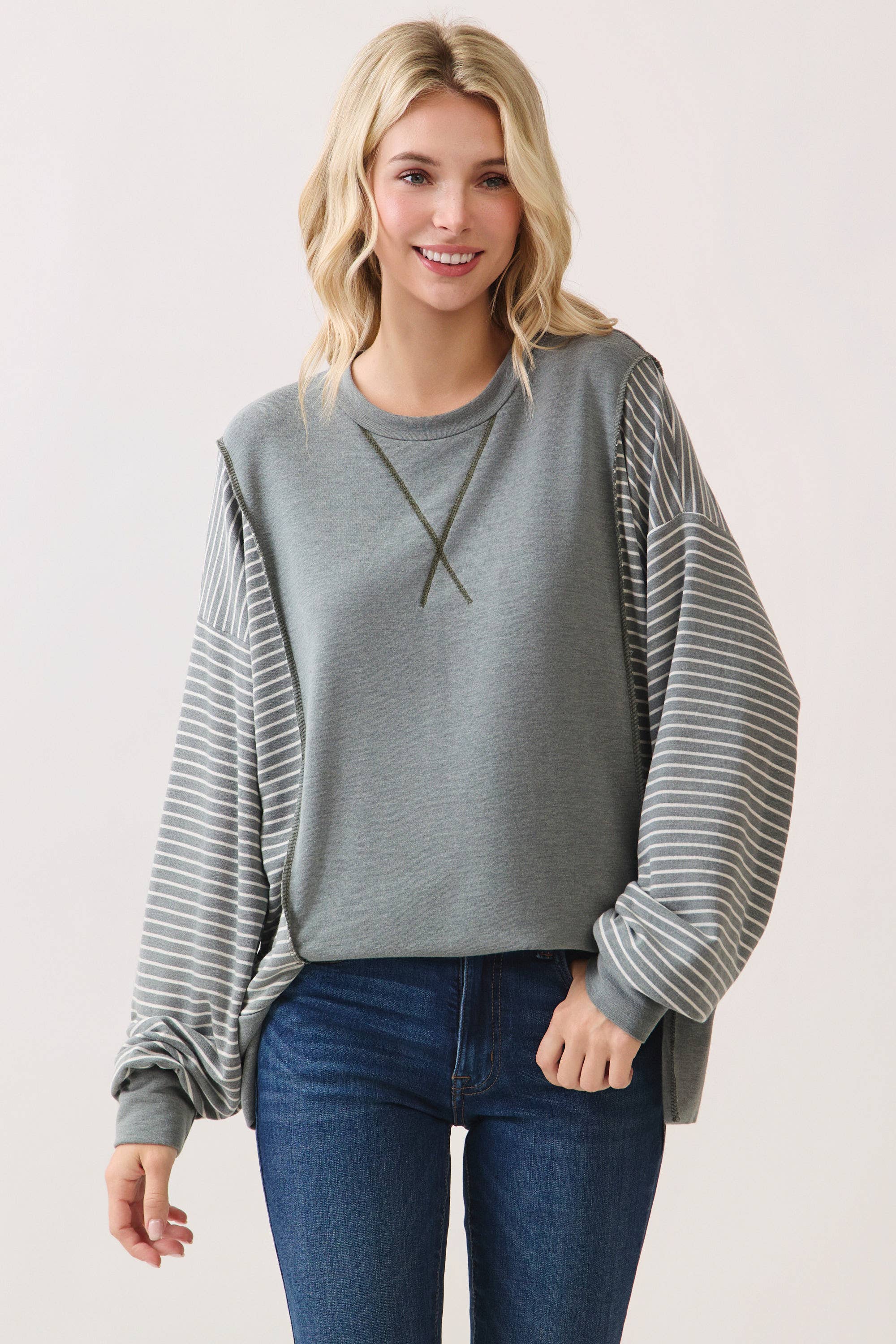 Stripe Contrast Pullover Top T6114