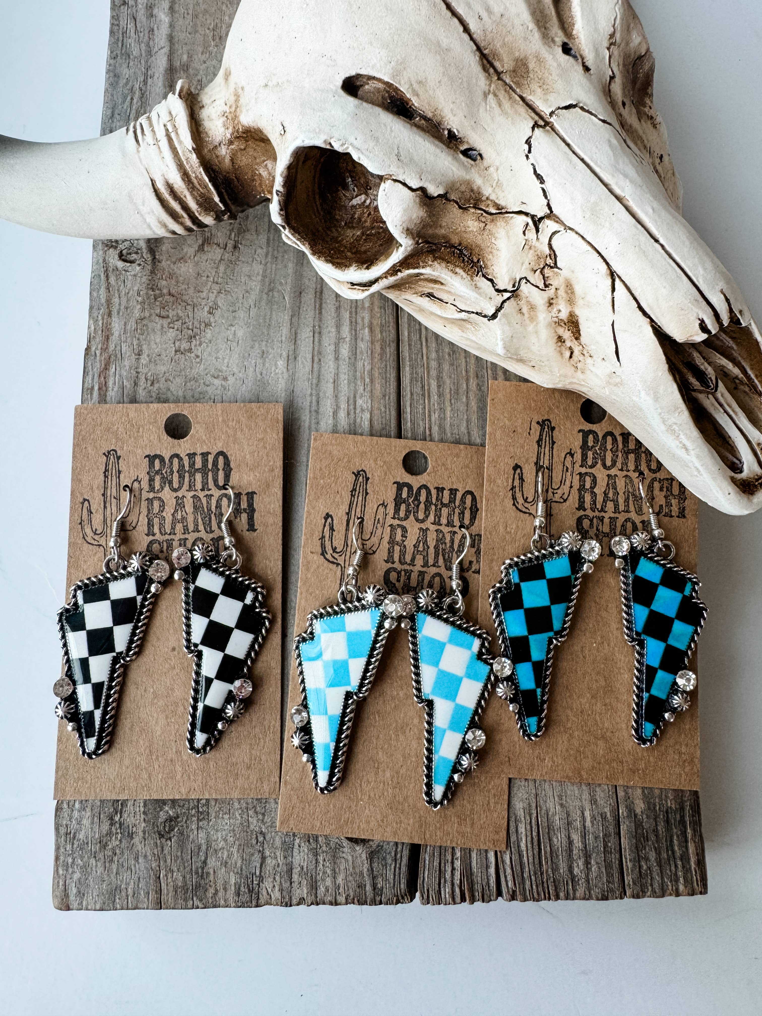 Large Checkered Lighting Bolt Earrings