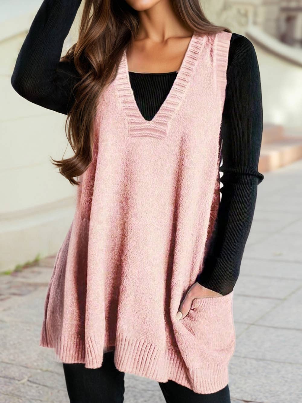 Deep V Neckline Front Pocketed Loose Tunic Sweater Vest