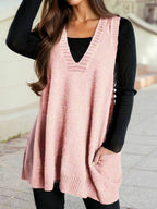 Deep V Neckline Front Pocketed Loose Tunic Sweater Vest