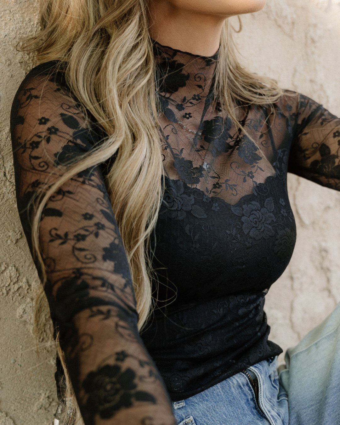 Mock Neck Floral Lace Mesh Top