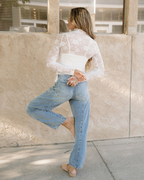 White Mock Neck Floral Lace Mesh Long Sleeve Top - White