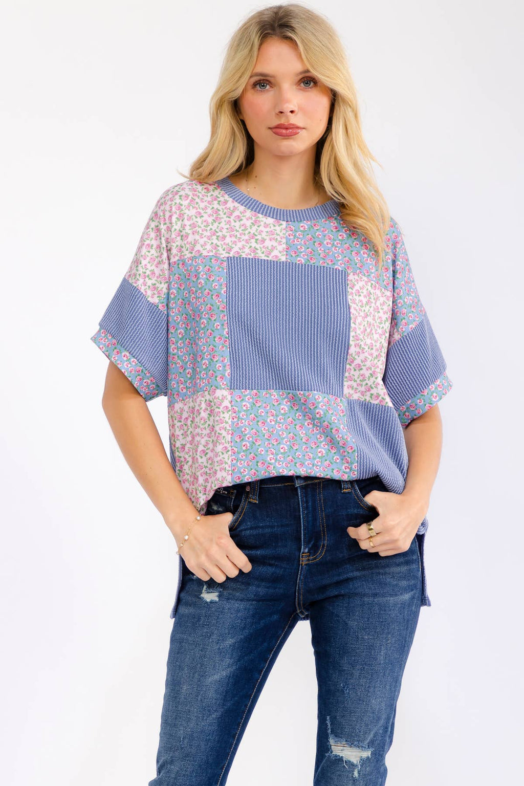 Floral Patchwork Short Sleeve Top T6396