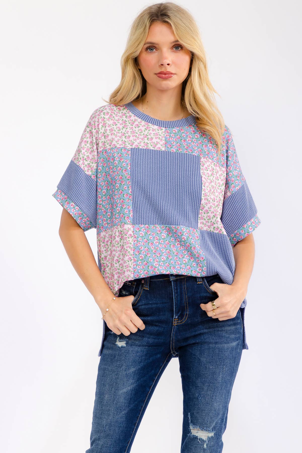 Floral Patchwork Short Sleeve Top T6396