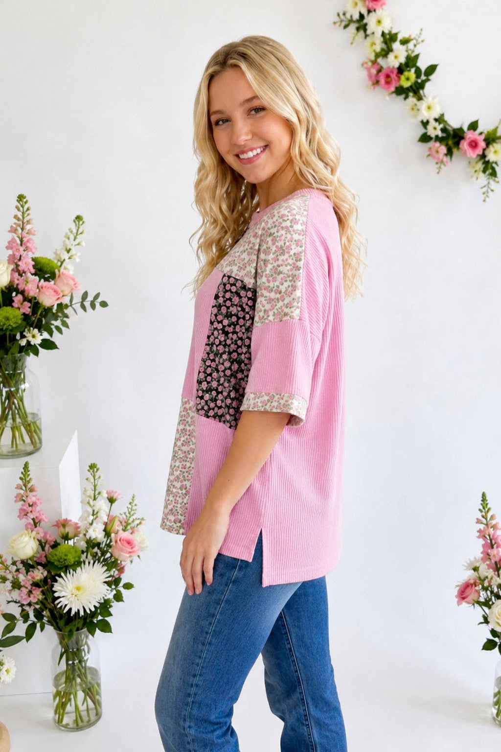 Floral Patchwork Short Sleeve Top T6396
