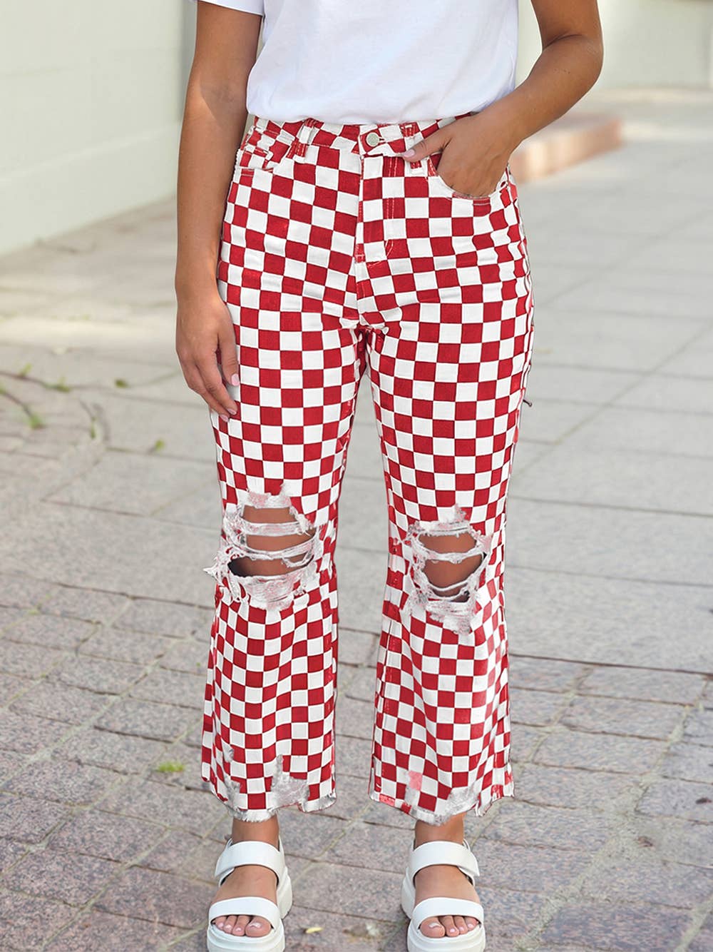 Checkerboard Western Distressed Holes Raw Edge Cropped Jeans