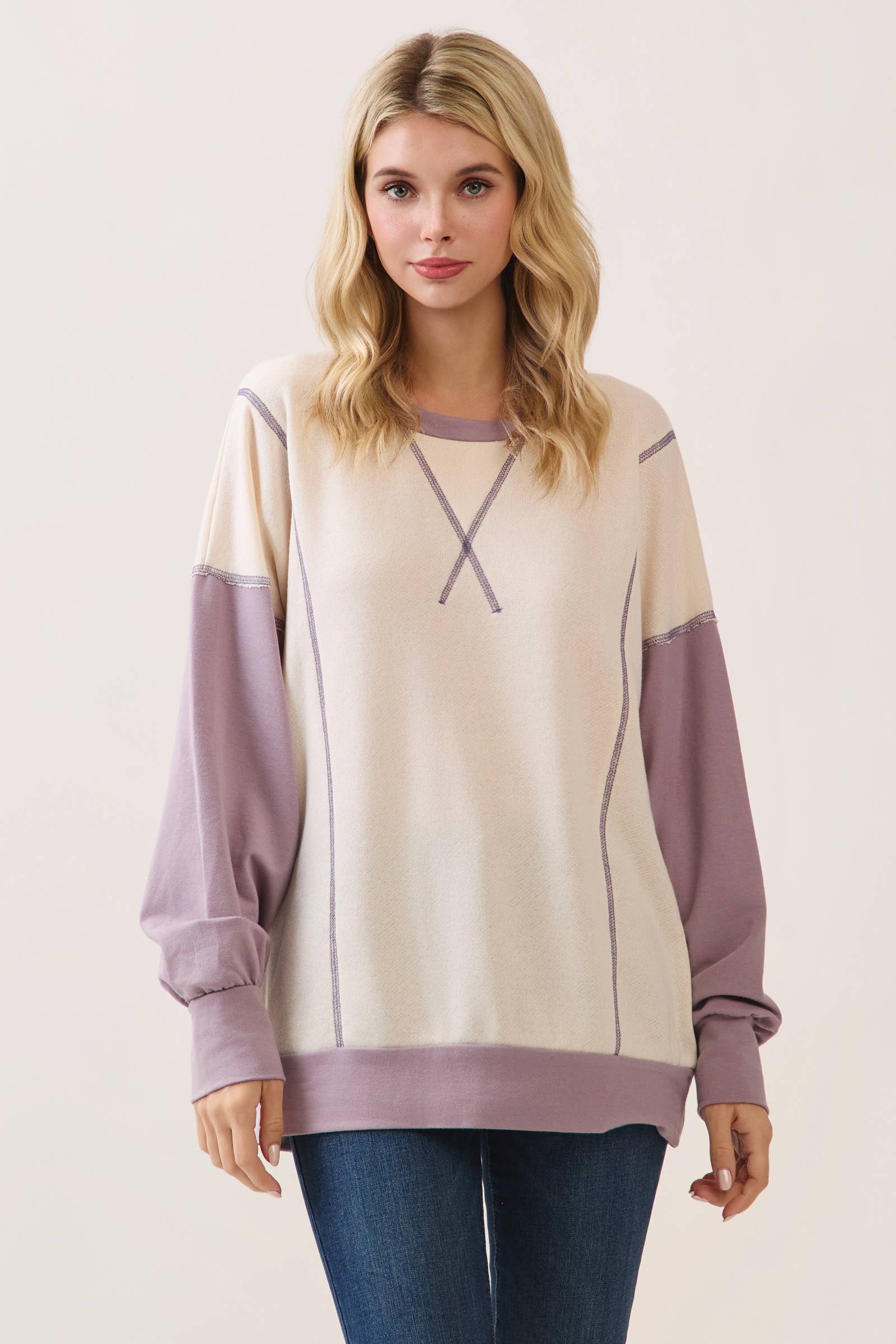 Color Block Contrast stitch pullover top T6161