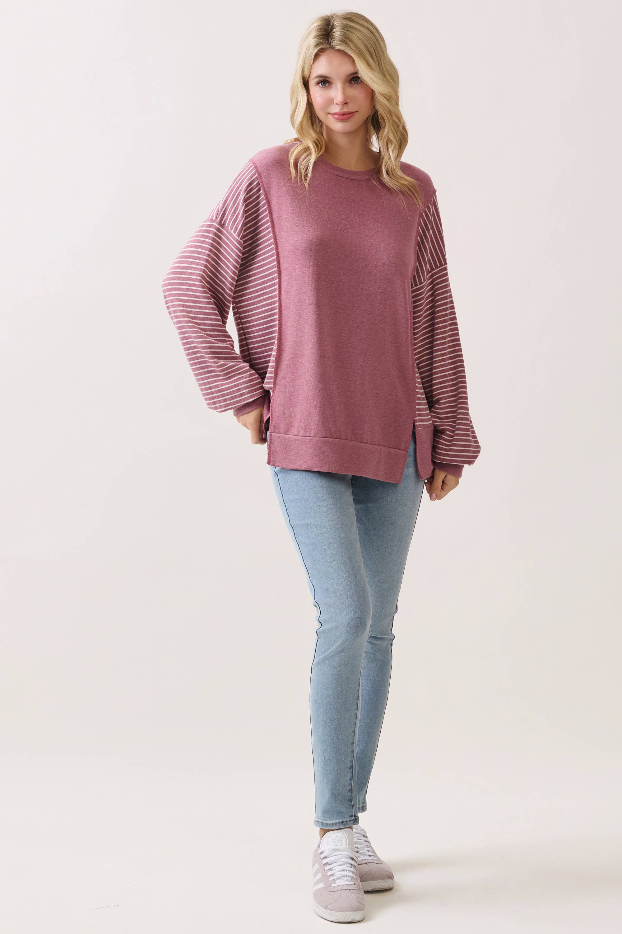 Stripe Contrast Pullover Top T6114