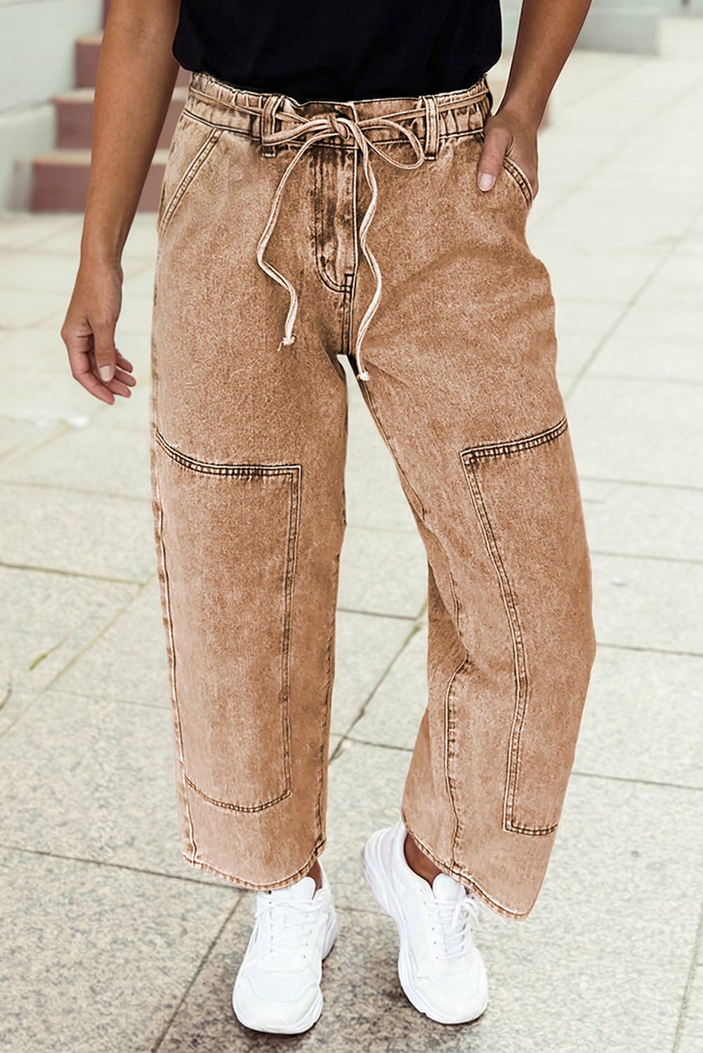 Acid Wash Barrel Fit Denim Pants with Waist String