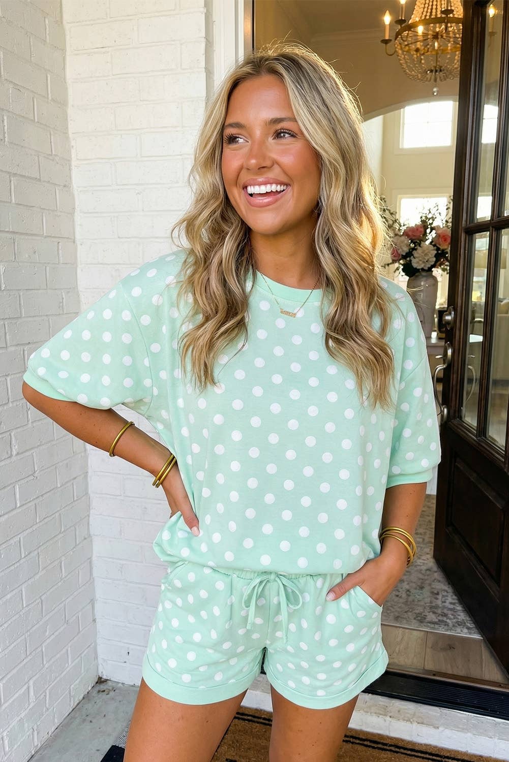 LAS Polka Dot Print Top Drawstring Shorts Set (S-XL)