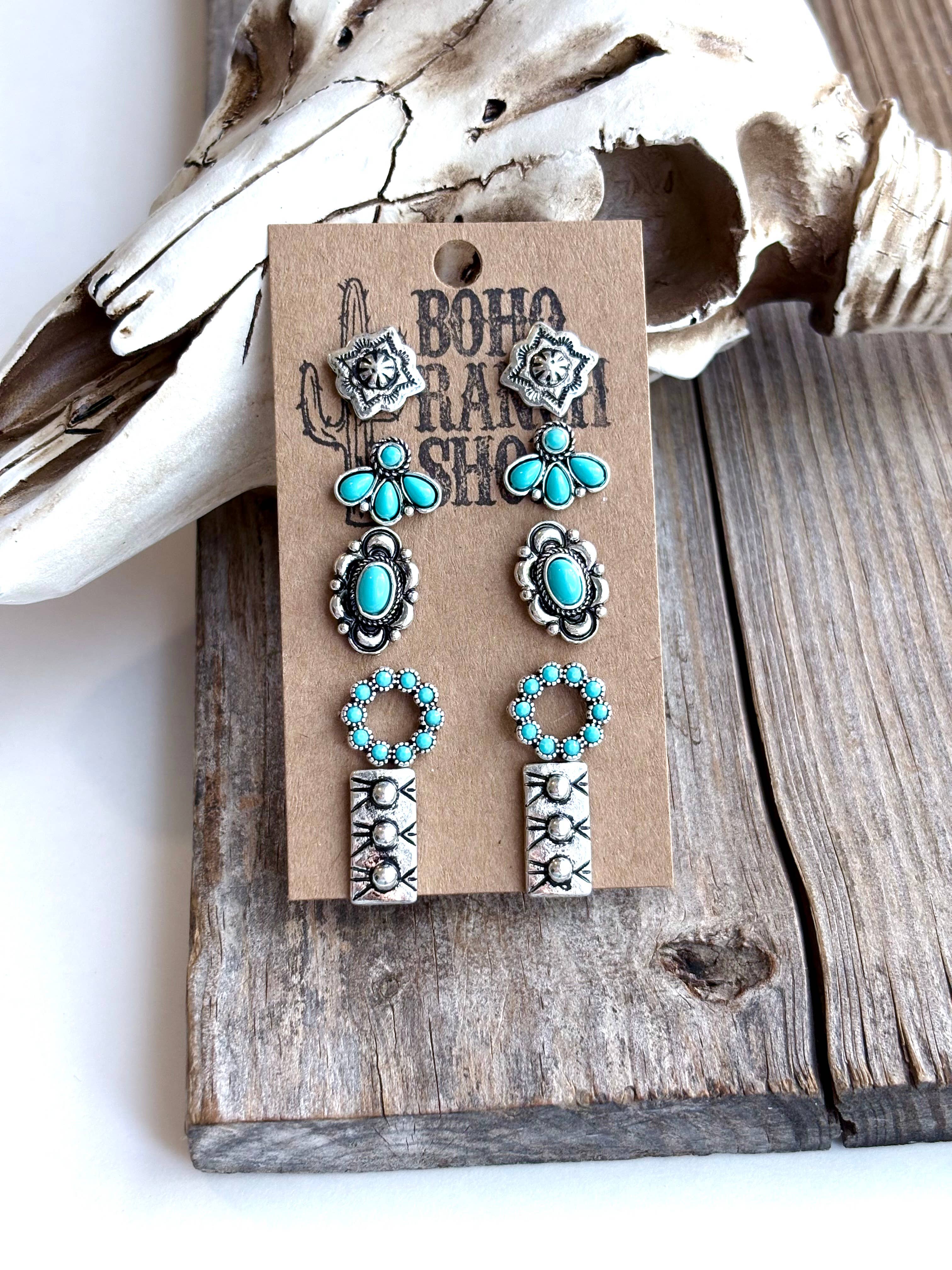 5 Pair Western Theme Stone Stud Earring Set