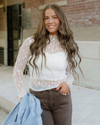 Claire Floral Lace Long Sleeve Slim Fit Top - White