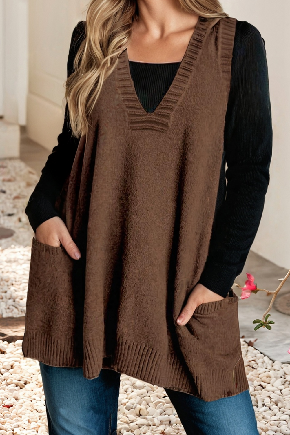 LDC Deep V Neckline Front Pocketed Loose Tunic Sweater Vest