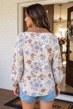 LAS Floral Patchwork Bubble Sleeve Casual Blouse (S-XL)
