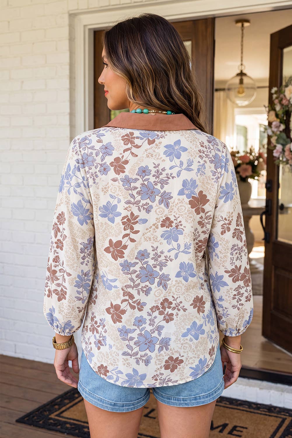 LAS Floral Patchwork Bubble Sleeve Casual Blouse (S-XL)