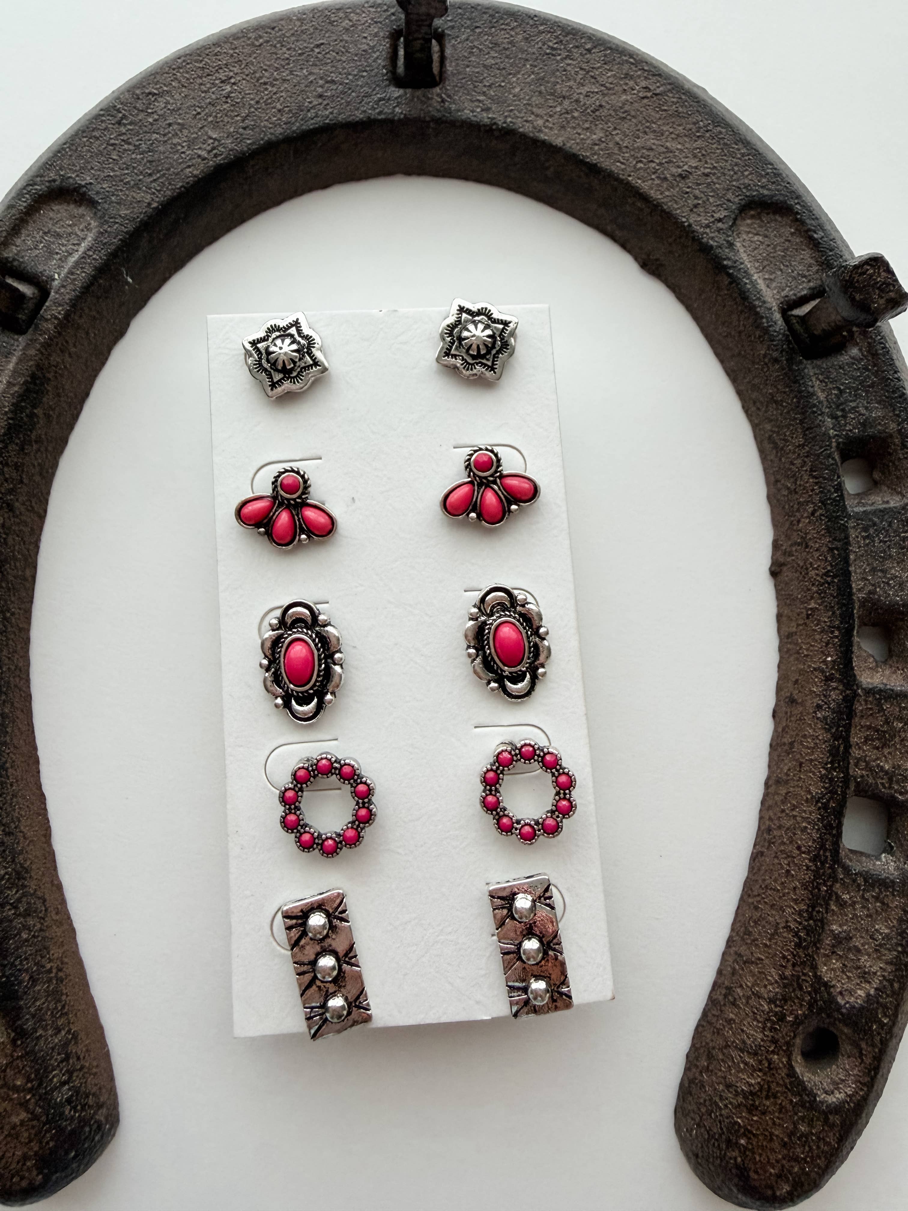 5 Pair Western Theme Stone Stud Earring Set
