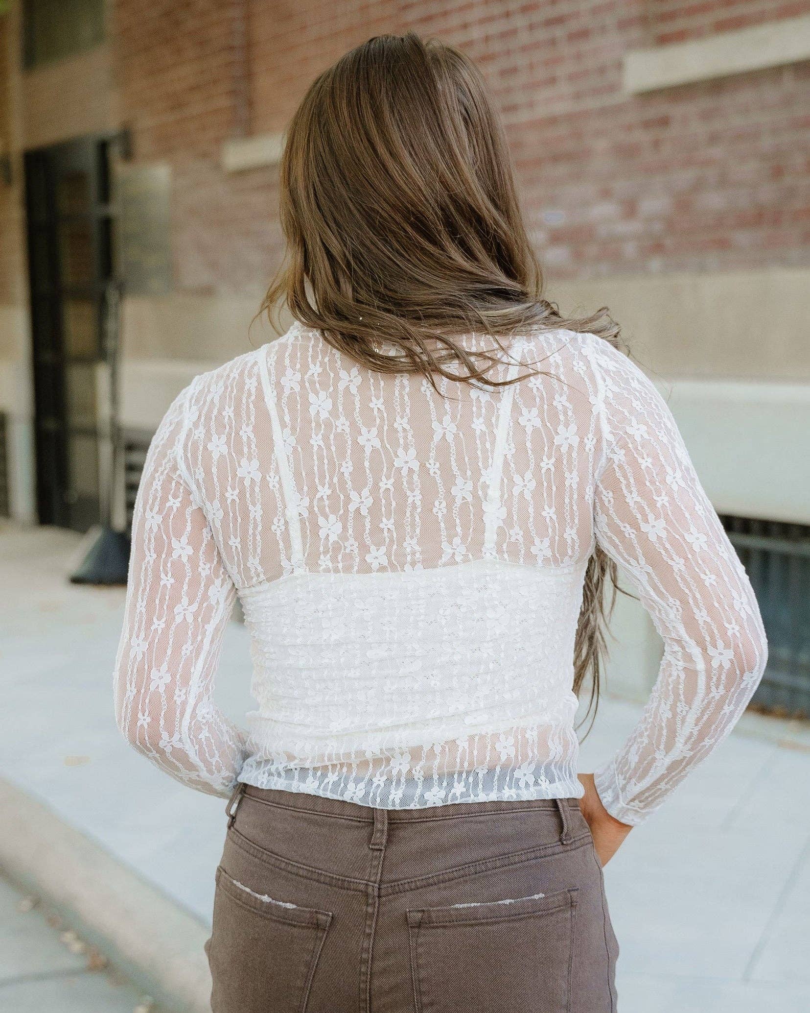 Claire Floral Lace Long Sleeve Slim Fit Top - White