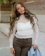 Claire Floral Lace Long Sleeve Slim Fit Top - White