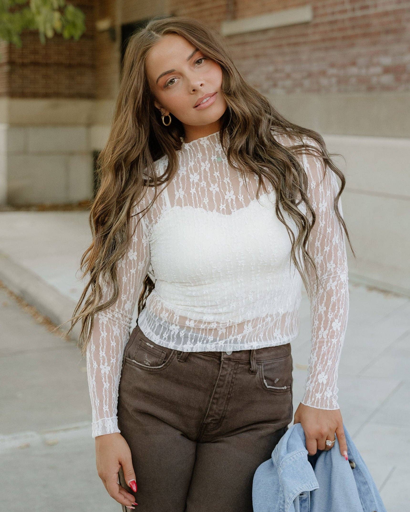 Claire Floral Lace Long Sleeve Slim Fit Top - White