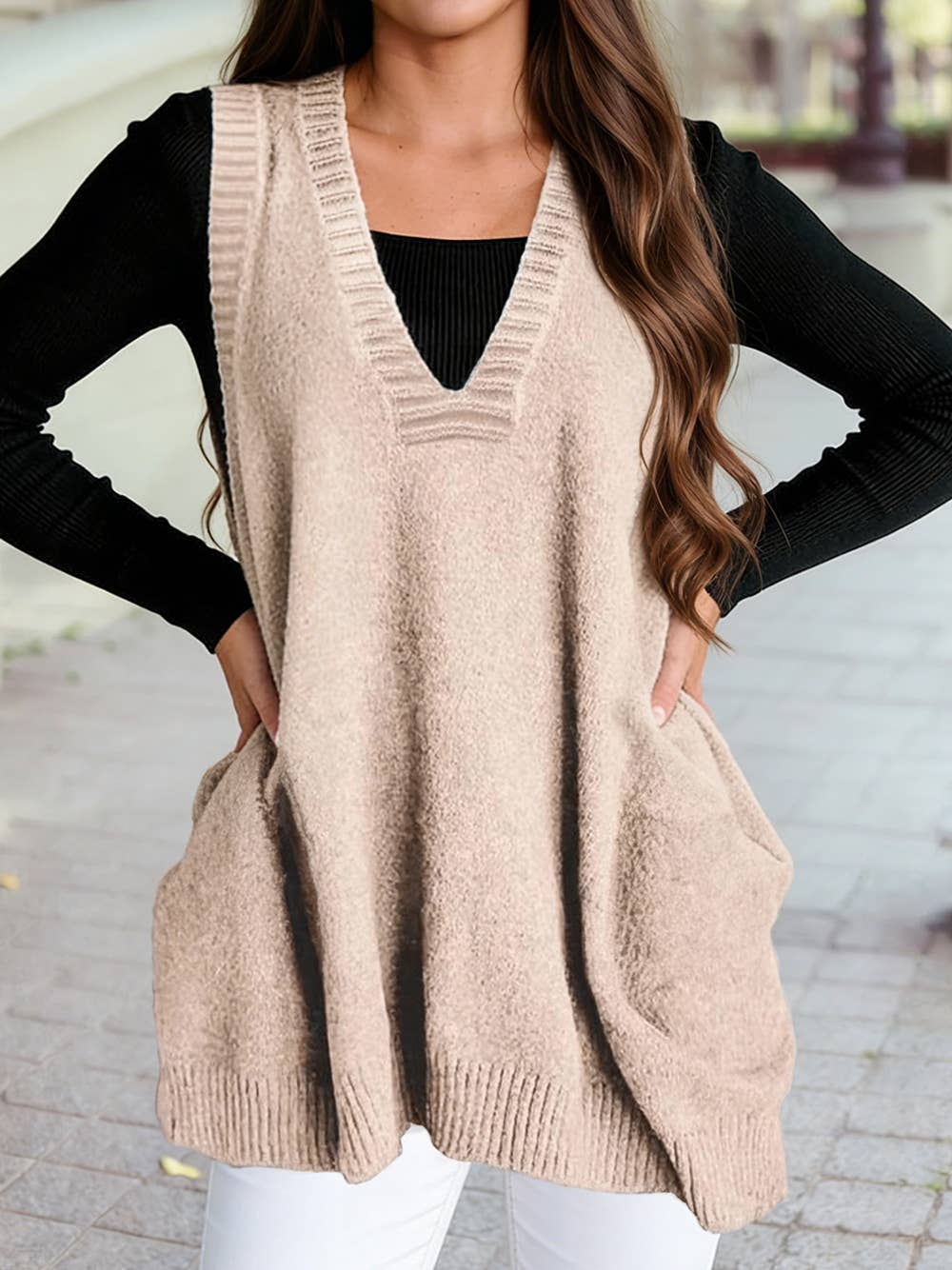 Deep V Neckline Front Pocketed Loose Tunic Sweater Vest