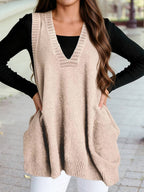 Deep V Neckline Front Pocketed Loose Tunic Sweater Vest