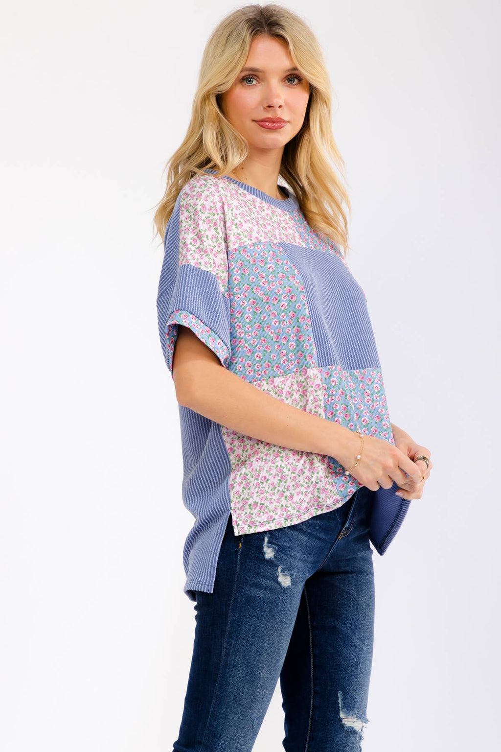 Floral Patchwork Short Sleeve Top T6396
