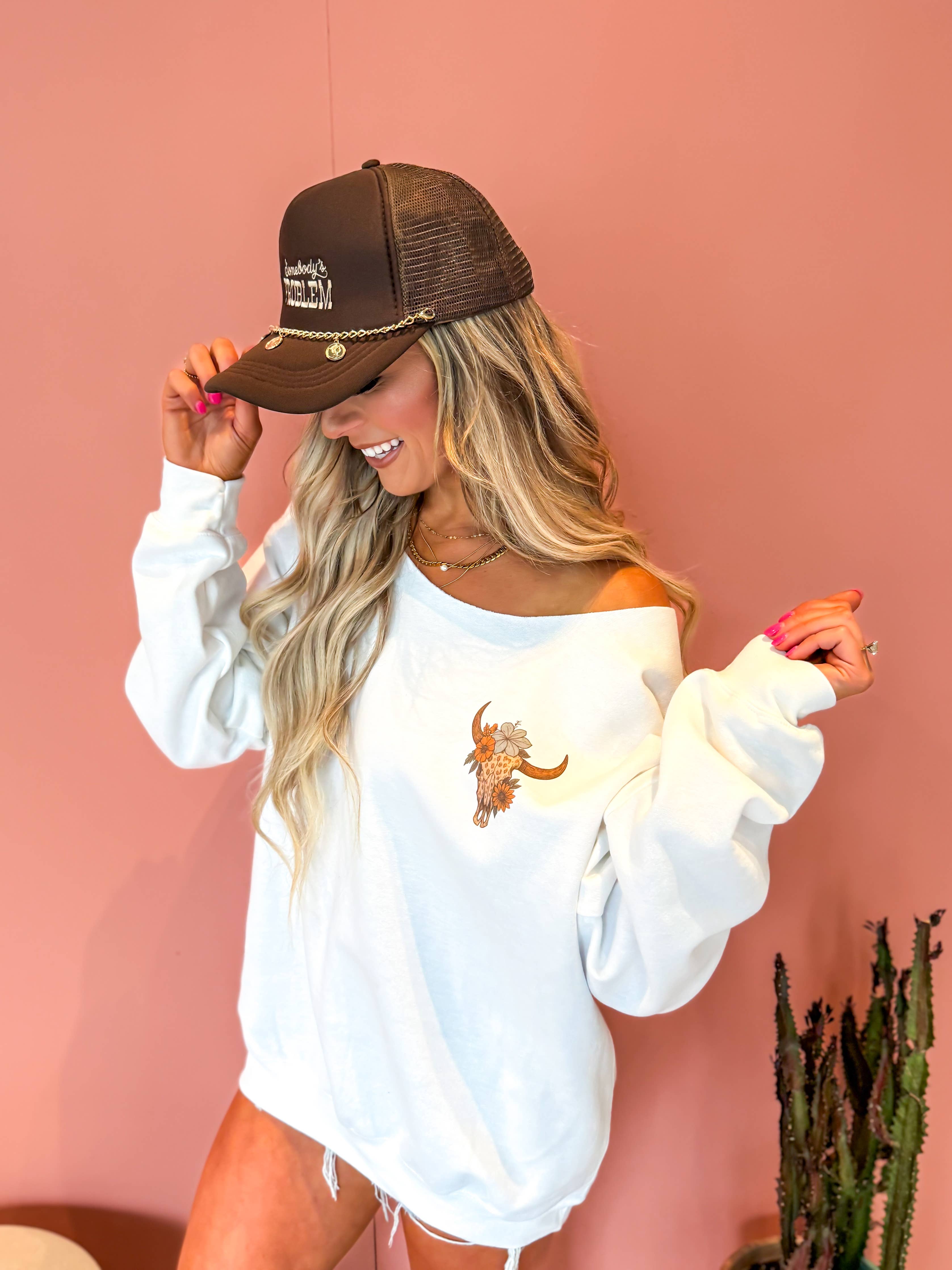 Off Shoulder White Graphic Crewneck
