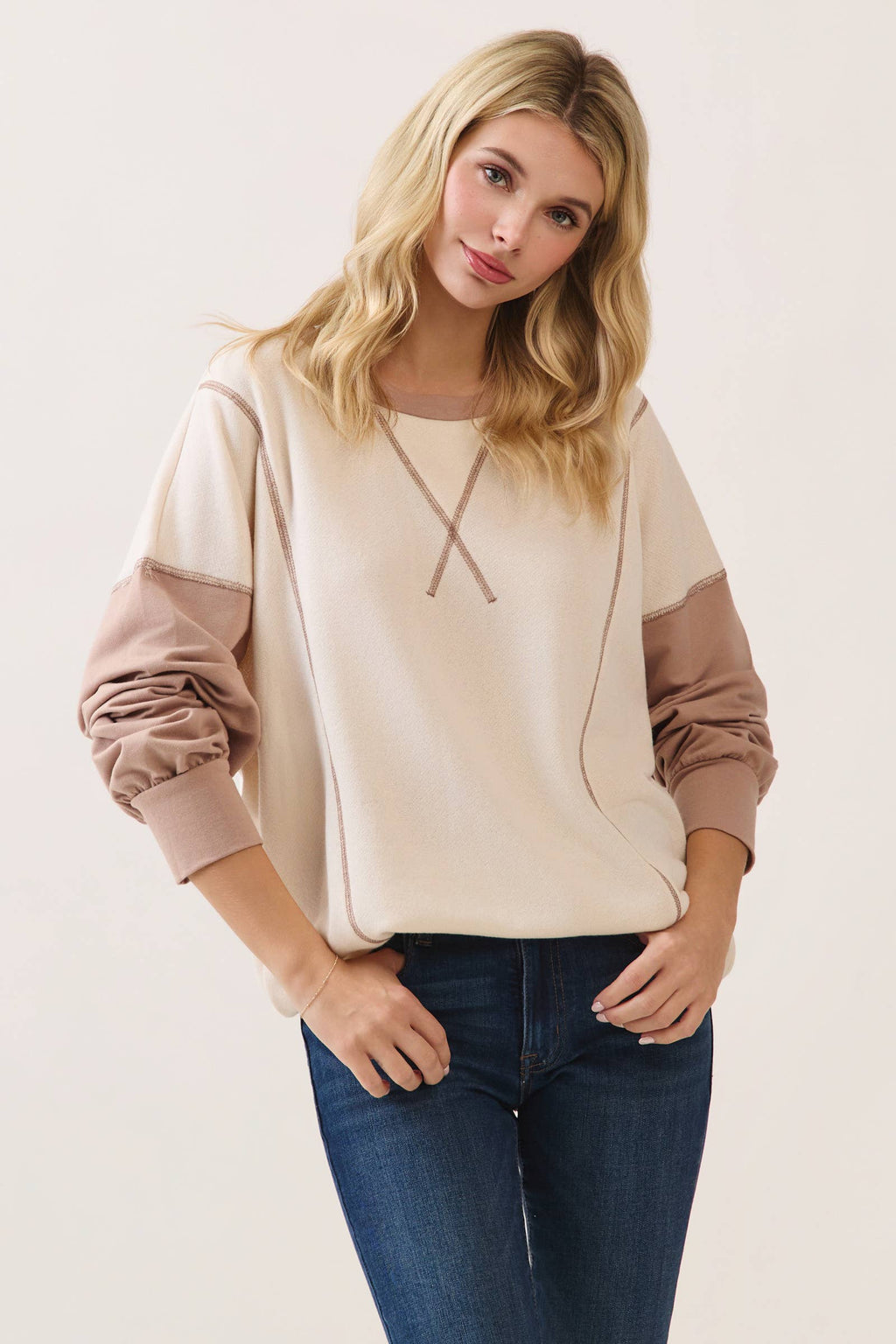 Color Block Contrast stitch pullover top T6161