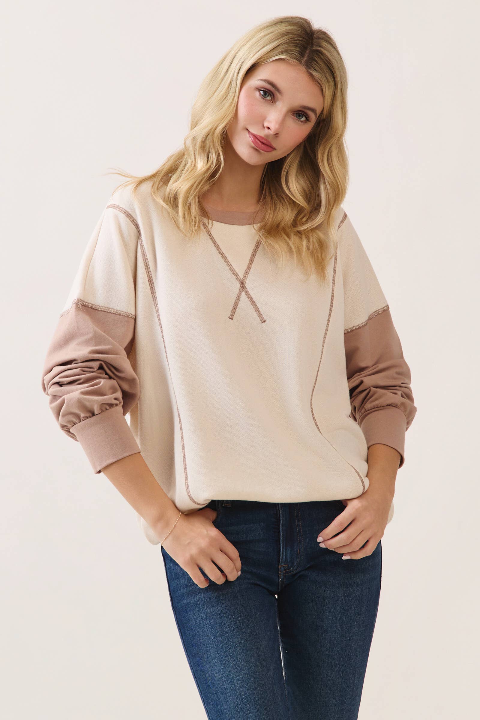Color Block Contrast stitch pullover top T6161