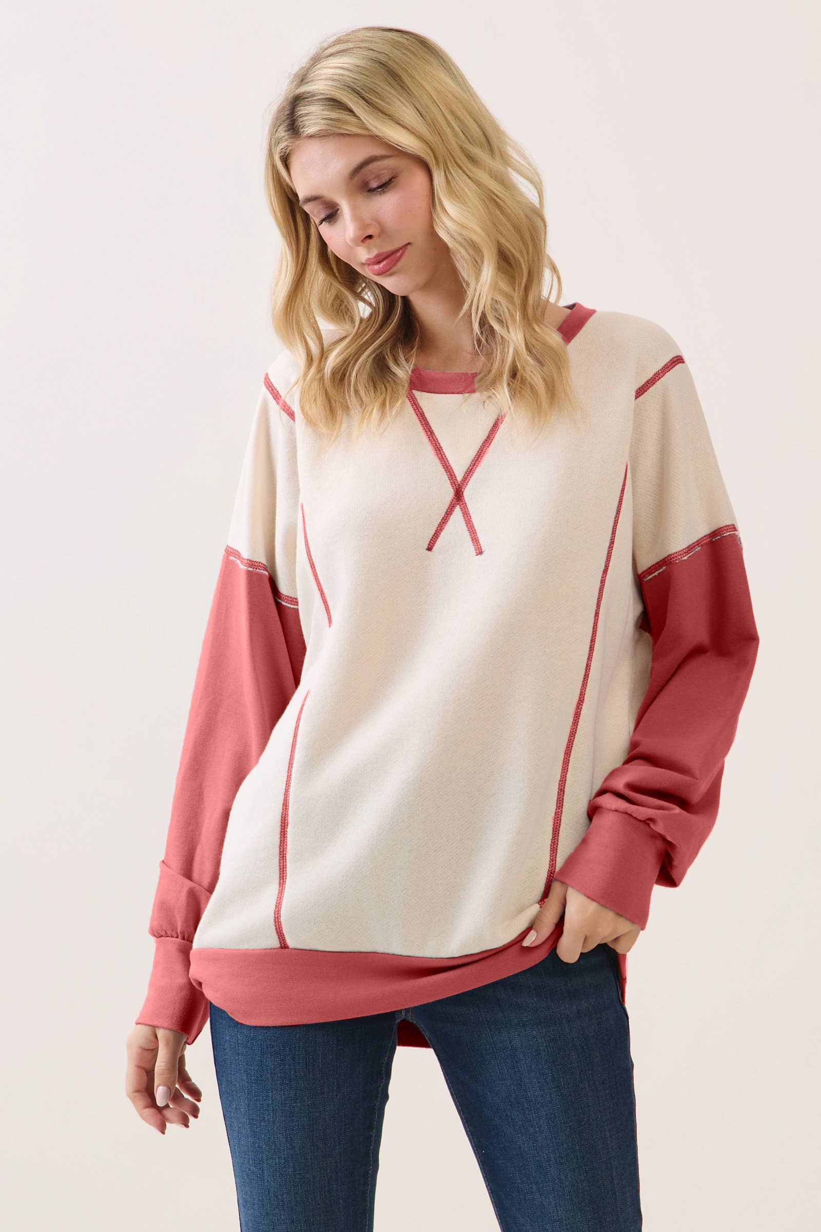 Color Block Contrast stitch pullover top T6161