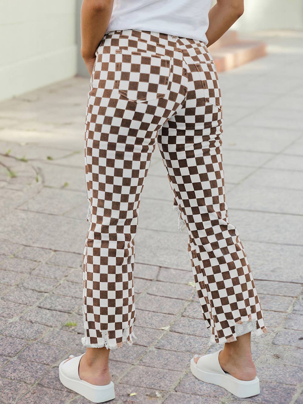 Checkerboard Western Distressed Holes Raw Edge Cropped Jeans