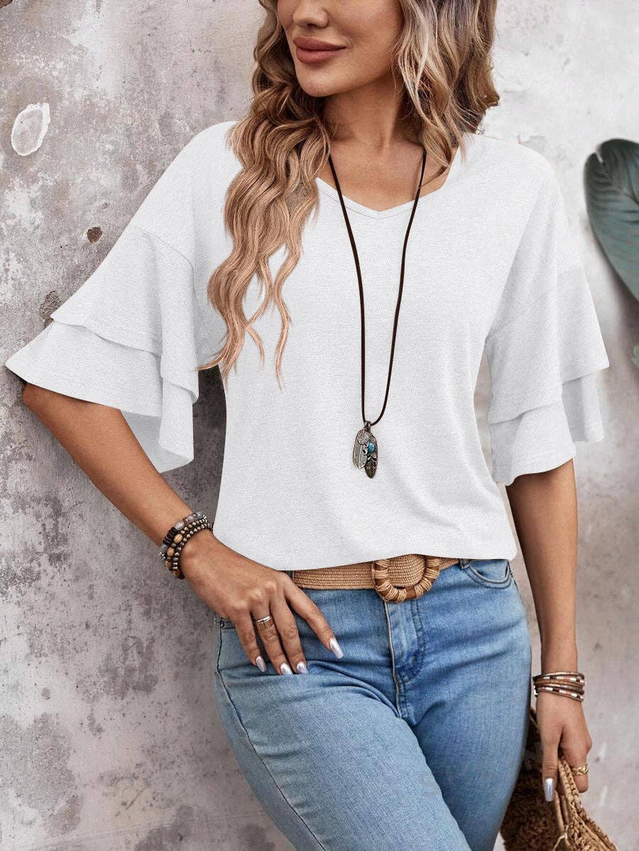 Ruffle Sleeve V Neck Top