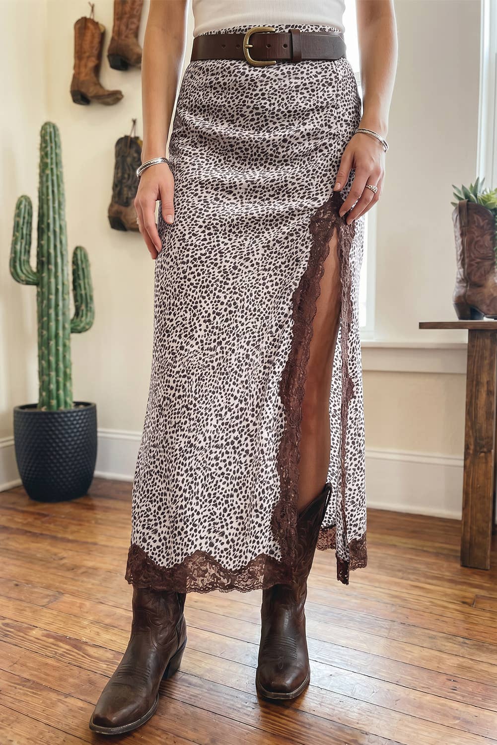 Western Leopard Print Lace Trim Maxi Skirt (S-XL)