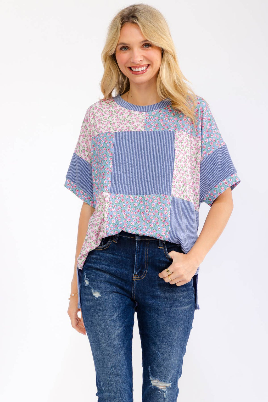 Floral Patchwork Short Sleeve Top T6396